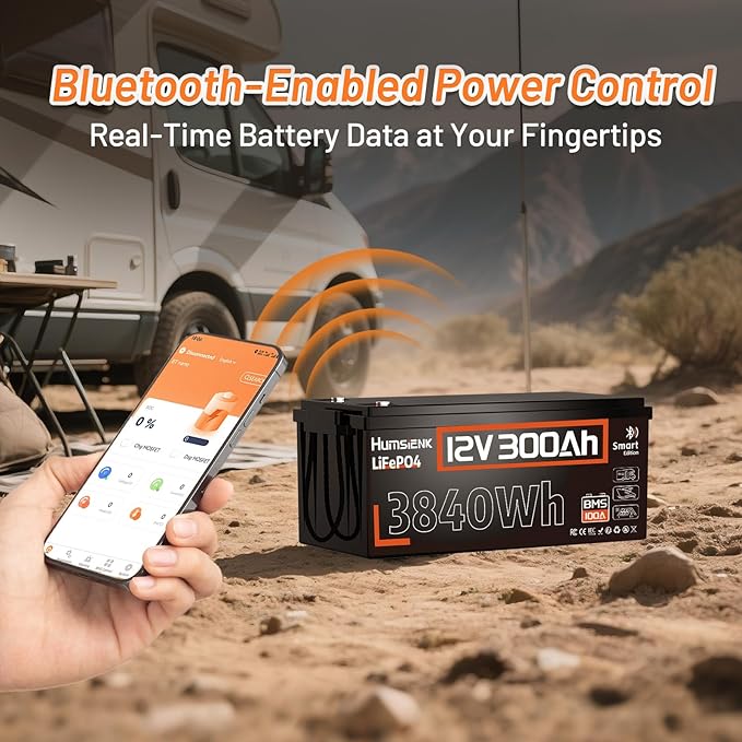 HumsiENK Bluetooth 12V 300Ah Battery LiFePO4 Lithium Built-in 100A BMS, 15000 Deep Cycles Battery 3840Wh with Low-Temp Protection for RV Marine Trolling Motor Home Energy Storage Off-Grid Living