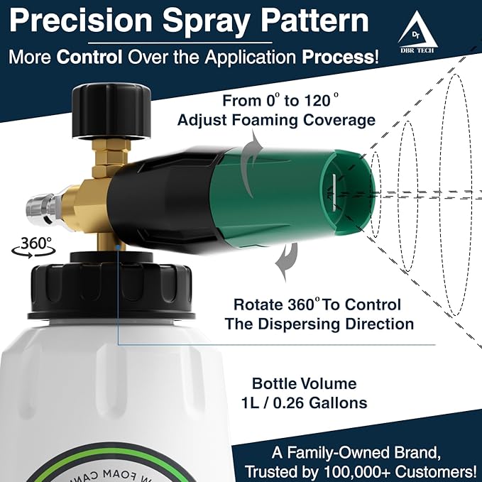 Foam Cannon for Pressure Washer, 1.1mm Orifice, 1000-4000 PSI, 1/4 Inch Quick Connector, Wide Neck and Adjustable Spray, Heavy Duty Car Snow Foam Blaster for Superior Foaming & Deep Clean, Green