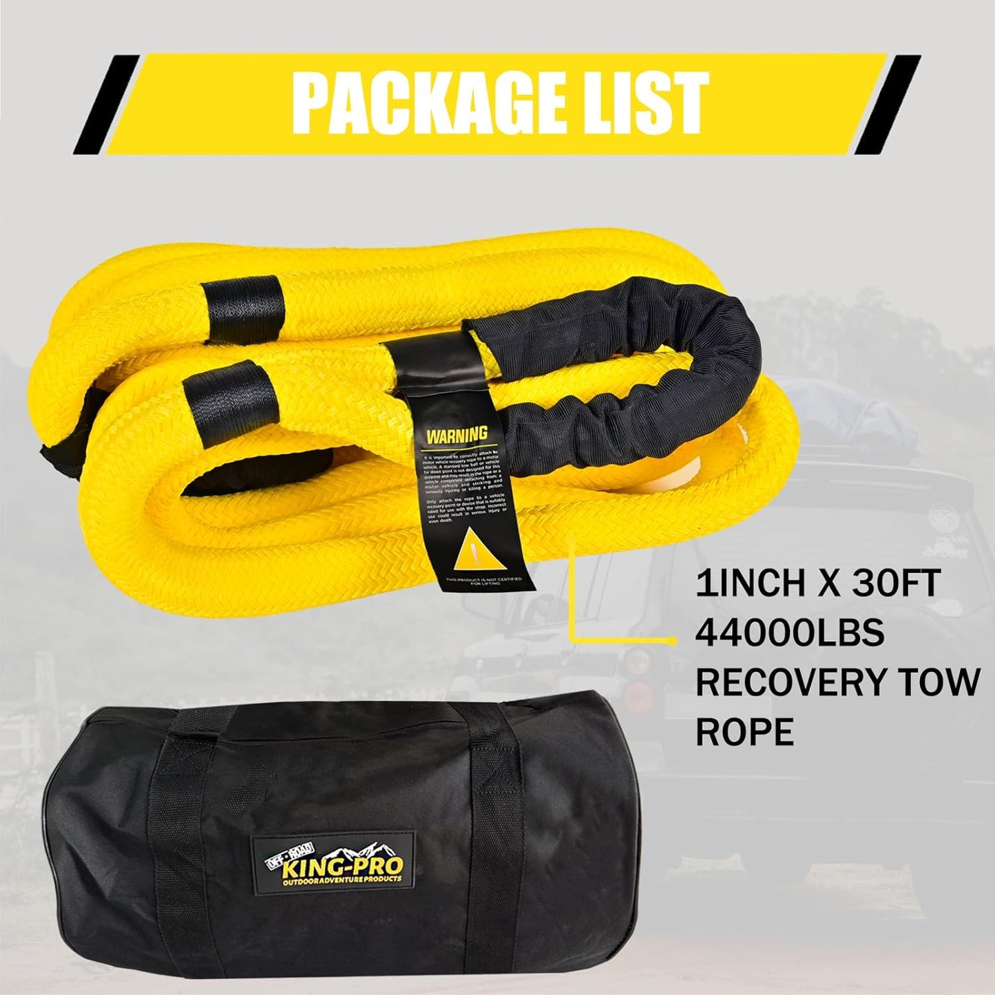 KING-PRO Kinetic Recovery Rope 1“x30' Towing Rope 44,000lbs Breaking Strength 100% Nylon Made Heavy Duty Offroad Snatch Strap 30% Elasticity for Full-Size Truck Large SUVs Offroad Vehicels