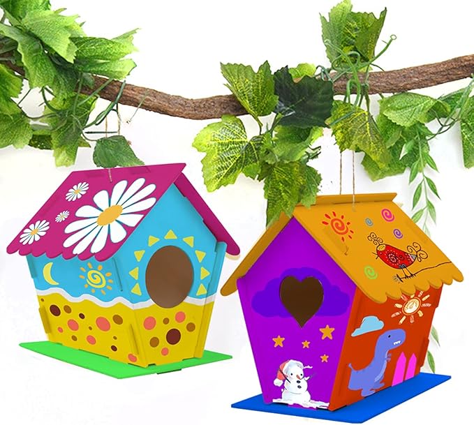 hapray 2 Pack Bird House Kit, DIY Birdhouse Kits, Wooden Crafts Arts for Children to Build and Paint (Includes Paints & Brushes) for Kids Girls Boys Toddlers Halloween Christmas Gifts