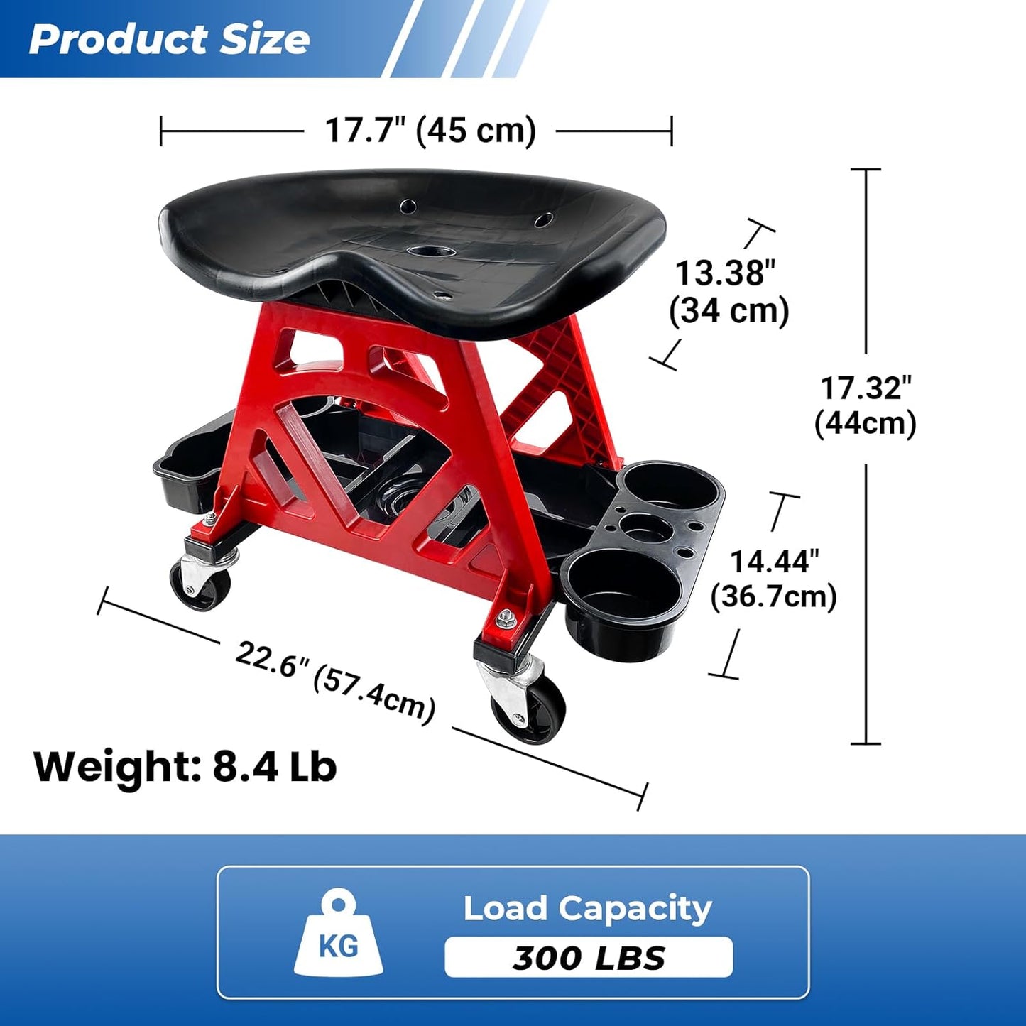 Durable Mechanic Seat with Wheels - Heavy Duty Rolling Stool Car Detailing Creeper Seat with Tool Tray for Workshop, Auto Repair Shop and Home