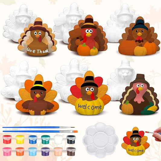 Eersida 6 Sets Thanksgiving Turkey Ceramics to Paint Ready to Paint Your Own Ceramic Turkey Statues DIY Unpainted Ceramics Paintable Thanksgiving Figurines Kit Crafts with Brush Palette