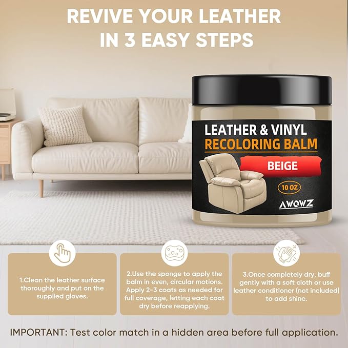 Leather Recoloring Balm - Scratch Repair & Color Restore Kit for Faded Leather, Couch & Car Seats - 10OZ Restorer Balm for Furniture, Auto Interior, Vinyl, Accessories (Beige)
