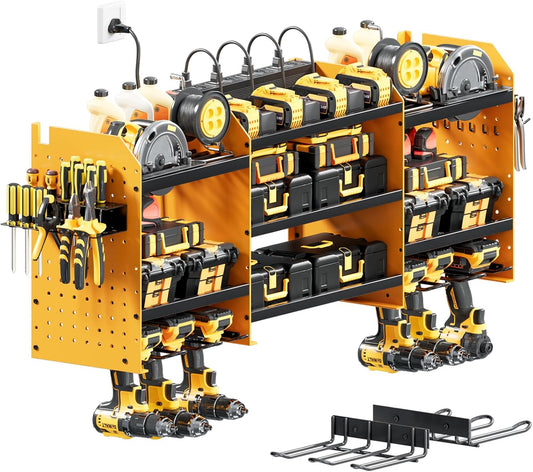 Upgrade Large Power Tool Organizer Wall Mount with Charging Station Tool Storage Rack with 6.5FT Power Strip 10 Drill Holder and Storage Rack for Garage Organization