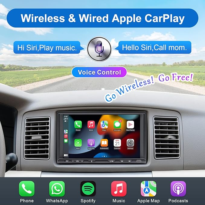 Double Din Car Stereo Radio Wireless CarPlay Wireless Android Auto, 7in Touchscreen Car Audio Receiver with Bluetooth,Rearview Camera,AM/FM, GPS Navigation,Mirror Link,Subwoofer,USB/AUX/SWC