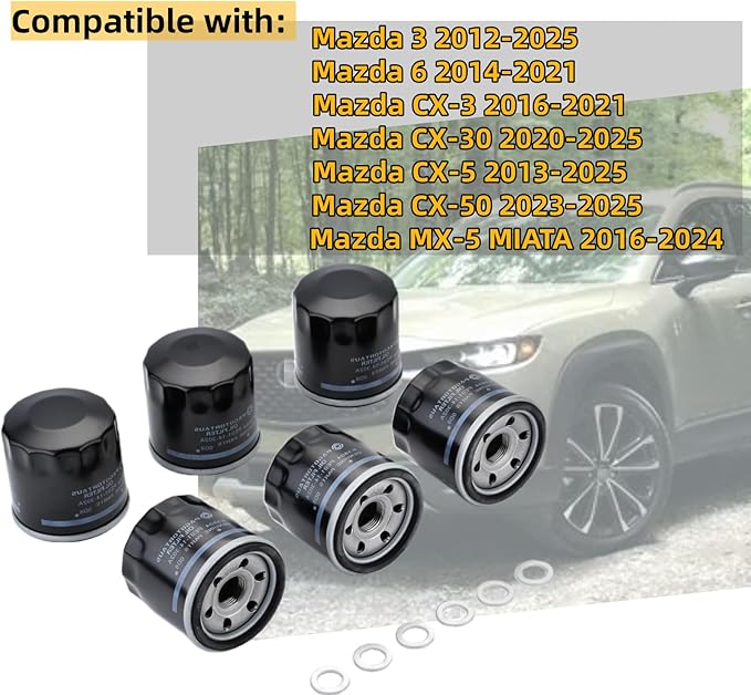PE01-14-302A Engine Oil Filters Fits for Mazda 2 3 6 CX-3 CX-30 CX-5 CX-50 MX-5 with Drain Plug Washers Replaces W 6018 Wix 57002 B1400 6PCS