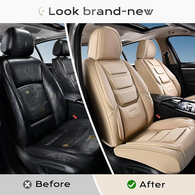 Coverado Car Seat Covers Full Set, Seat Covers for Cars, Front Seat Covers and Back Seat Cover Waterproof Leather Automotive Seat Cover, Universal Car Interior Protectors Cushion for Most Cars Beige