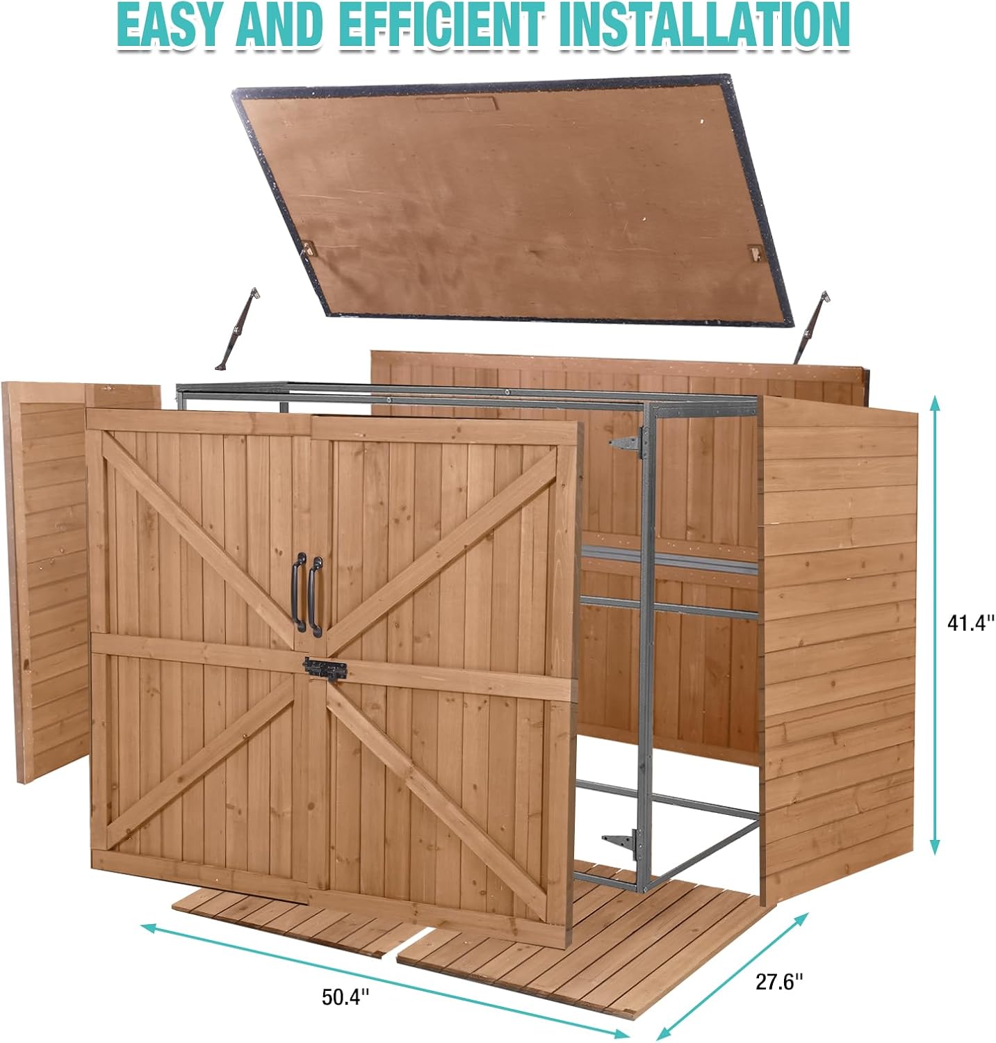 Outdoor Storage Cabinet,Wooden Garden Shed with Metal Frame Structure and Adjustable Shelf,33.3 Cu Ft Horizontal Waterproof Patio Tools Storage Box for Sofa Cushion, Lawn Mower and Garbage Cans