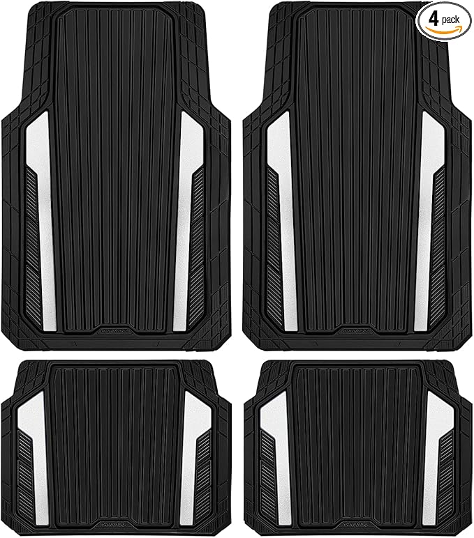 CAR PASS Heavy Duty Rubber Car Mats Metallic,Aluminum Film All Weather Floor Mats Waterproof Universal Trim to Fit SUVs Sedans Vans 4 Piece Anodized Deep Dish Two-Tone Sporty Black White Chrome