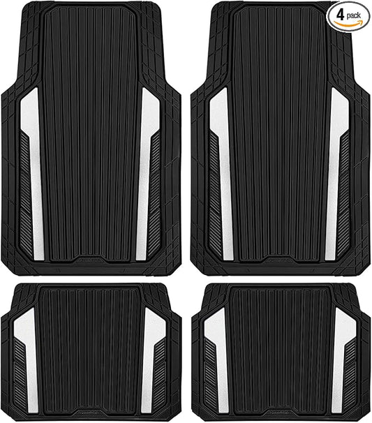 CAR PASS Heavy Duty Rubber Car Mats Metallic,Aluminum Film All Weather Floor Mats Waterproof Universal Trim to Fit SUVs Sedans Vans 4 Piece Anodized Deep Dish Two-Tone Sporty Black White Chrome