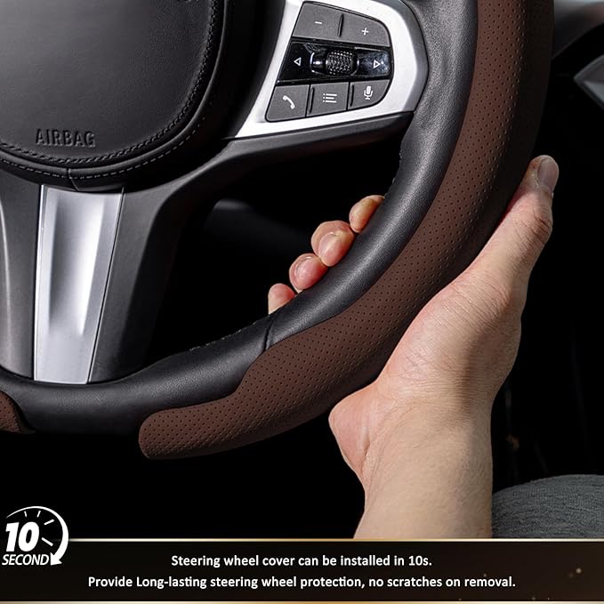 Aimato Nappa Leather Steering Wheel Cover, Ultra-Thin Car Steering Wheel Cover,Comfortable & Breathable Microfiber,Universal Fit for Most Cars,Brown