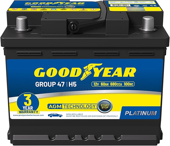 Goodyear 47-H5-AGM BCI Group Size 47 12V 60 AH, 100RC, 680 CCA Platinum series Rechargeable AGM Maintenance Free Automotive Battery