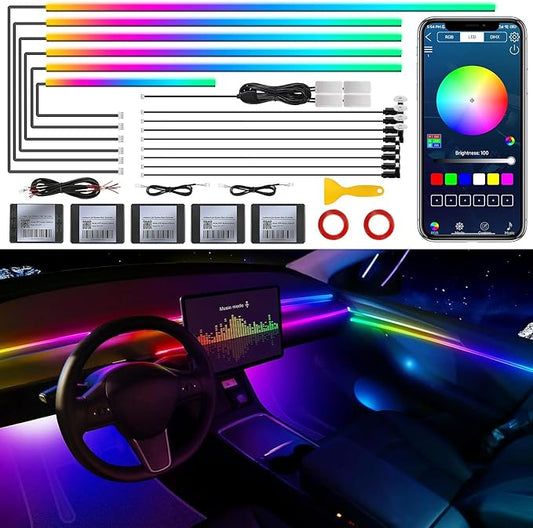 Dreamcolor Acrylic Interior Car LED Strip Light with Wireless APP, RGB 18 in 1 with 175 inches 593 LEDs Fiber Optic Strip Lights for Car, Dynamic Chasing Music Sync Neon Car Ambient Lighting Kits