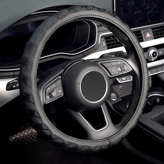 KAFEEK Steering Wheel Cover, Universal 15 inch, Microfiber Leather, Bamboo Weave Style,Breathable Non-Slip,Black