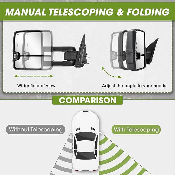 Towing Mirrors for Chevy Silverado/GMC Sierra 1500 (2014-2018), 2500HD/3500HD (2015-2019) Switchback Dynamic Turn Signal/Running Lights Power Heated (Textured Black)