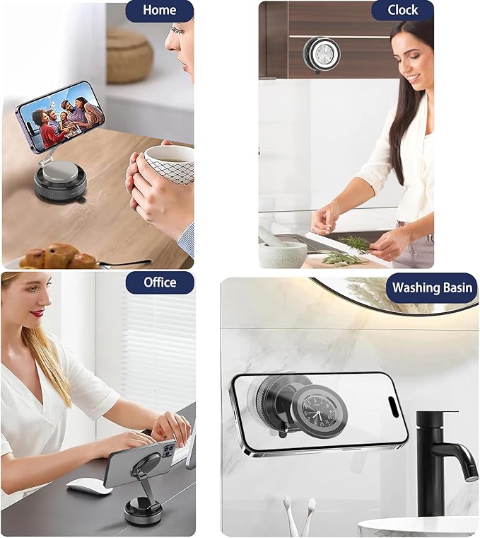 Magnetic Car Phone Holder for iPhone Magsafe, 360°Foldable Suction Cup Phone Mount, Stand for Desk with Clock Compatible with All Smartphones