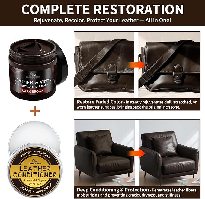 Leather Recoloring Balm with 100ml Mink Oil, Dark Brown Leather Repair Kit and Scratch Remover for Furniture, Car Seats, Sofas, Dye & Restorer for Couches, Vinyl, PU, Faux