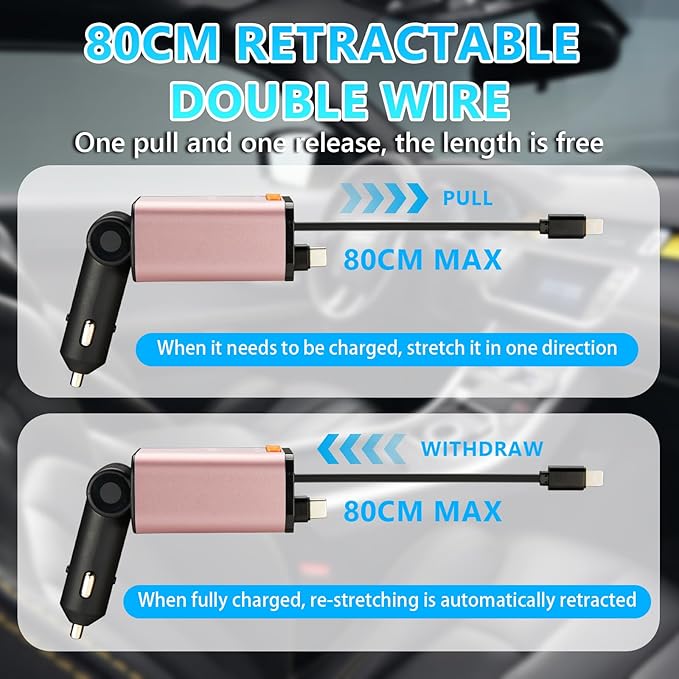 Retractable Car Charger,5 in 1 Fast Cars Phone Charger 60w,Bluetooth 5.3 FM Transmitter Adapter,Handsfree Call,MP3 Player,2 Retractable Cables and USB Chargers, for Phone,Galaxy,Pixel (Pink)