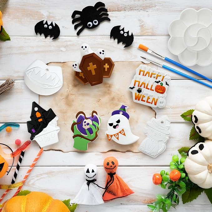 Seenelling 24 Sets Halloween DIY Painting Kits Paint Your Own Ceramics Pumpkin Ghost Unpainted Plaster Statues Arts and Crafts with Brush, Lanyard for Kids Halloween Gifts Party Decor (Fun)