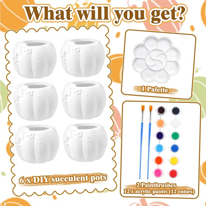 Pasimy 6 Set DIY Ceramic Succulent Planter Pots Paint Your Own Flower Pots Craft Kit Unpainted Bisque Paintable Flowerpot with Brush Palette Ready to Paint for Family Activity Gift(Pumpkin)
