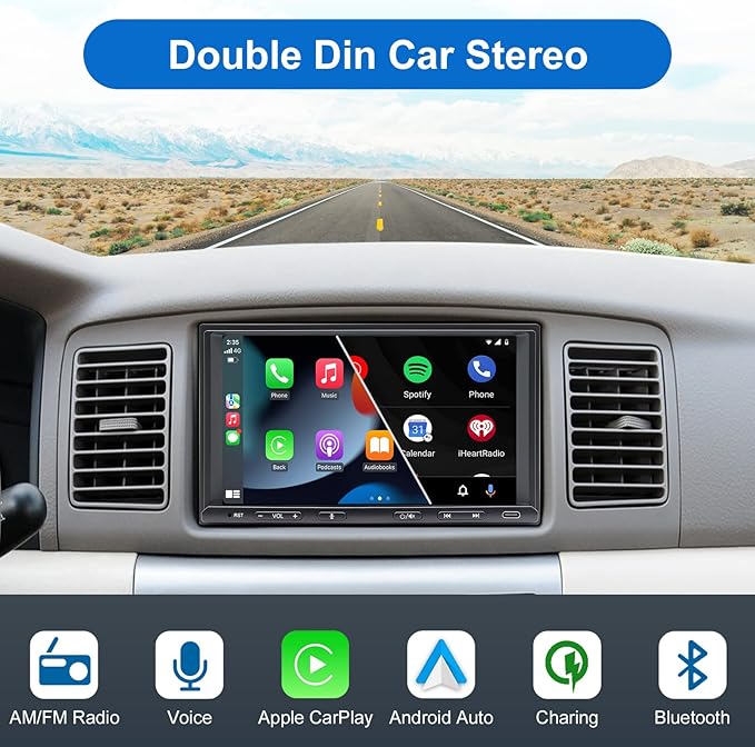 Double Din Car Stereo Radio Wireless CarPlay Wireless Android Auto, 7in Touchscreen Car Audio Receiver with Bluetooth,Rearview Camera,AM/FM, GPS Navigation,Mirror Link,Subwoofer,USB/AUX/SWC