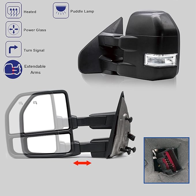 WLLW Towing Mirrors fit for 2004-2006 2007-2014 Ford F150 Pickup Upgrade style Tow Mirrors with Power Heated Defrost LED Turn Signal Puddle Light Black Housing