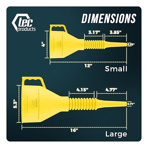 TEC Products FlexAll Long Flexible Funnel for Automotive Use - Durable Nitrile Rubber - Ideal for Car Oil Change, Transmission Funnel Fluid, Diesel, Fuel, Gas - Made in USA - Yellow (12 x 4 Inches)