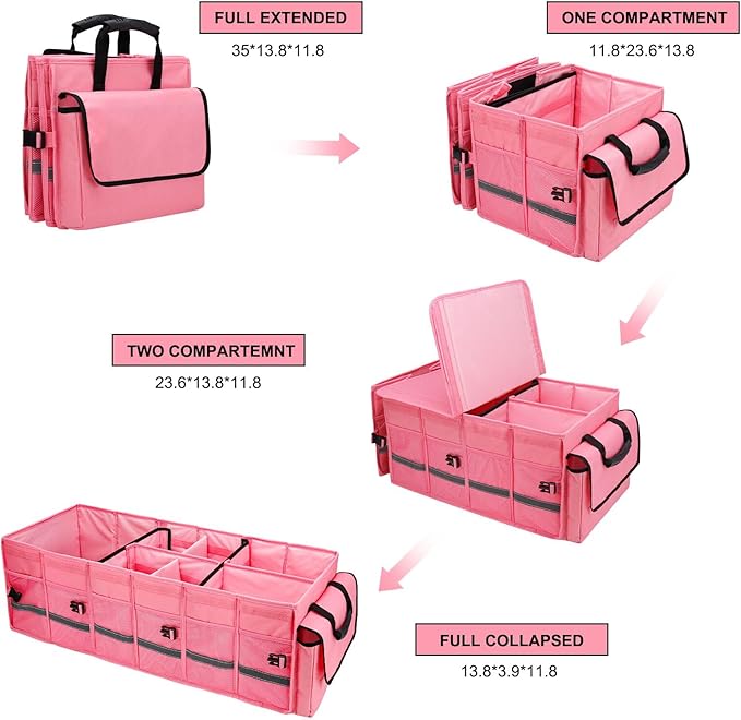 Car Trunk Organizer and Storage with Lid & Removable Leakproof Cooler Bag, Customized Space Pink Car Interior Accessories for Women Collapsible Large Trunk Organizers for Sendan SUV, Jeep, MPV, BMW
