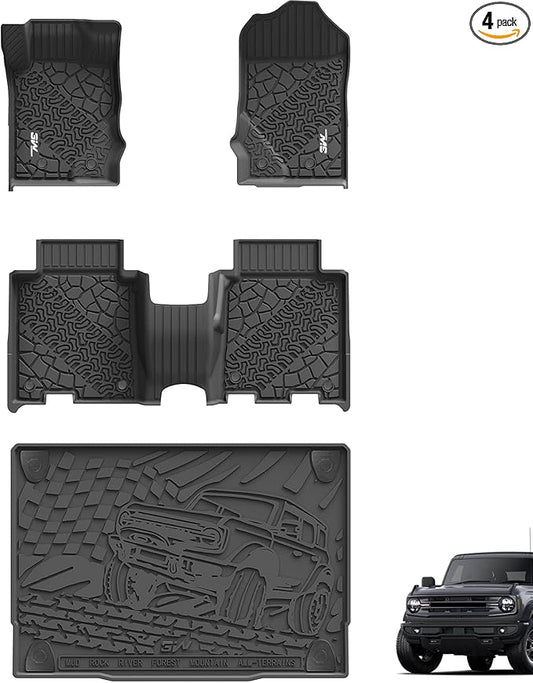 3W Floor Mats & Cargo Liner Fit for 2021-2024 2025 Ford Bronco 4 Door, TPE All Weather Custom Fit Floor Liner 1st 2nd Row and Full Set Trunk Mats, Black (Not for Bronco Sport & Rubberized Floor)