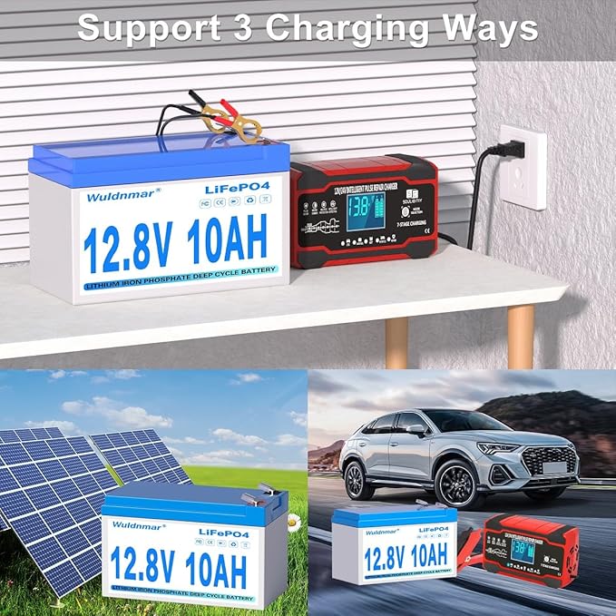 12V 10Ah LiFePO4 Battery, Lithium Battery with BMS, 3000+ Cycles, 128WH Deep Cycle Battery for Marine Battery, Car, RV, Golf Cart, Solar, Trolling Motor, Replace AGM/SLA