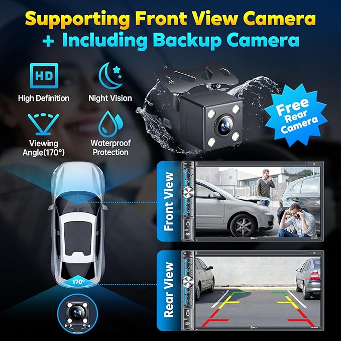 PLZ 7" Wireless Double Din Car Stereo Apple Carplay Radio Screen for Car Audio Receivers, Bluetooth 5.3 Car Play Android Auto Touchscreen, 240W 4.2 CHN 2 Subwoofers Outputs, Backup Camera, SWC, FM/AM