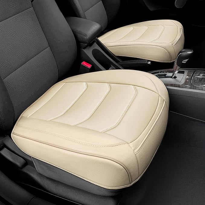 Car Seat Cover for Luxury & Comfort - PU Leather, Anti-Slip, Full Wrap Protection with Storage Pocket for Bottom Cushion - Universal Fit for 95% of Vehicles （Yellowish-White,1 Piece