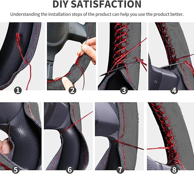 Suede Leather Steering Wheel Cover - DIY Stitch-On Wrap with Needle & Thread (Multiple Thread Colors), Breathable Cowhide, Non-Slip Grip, Fits 18-19 Inch, Comfortable & Durable for Year-Round Use