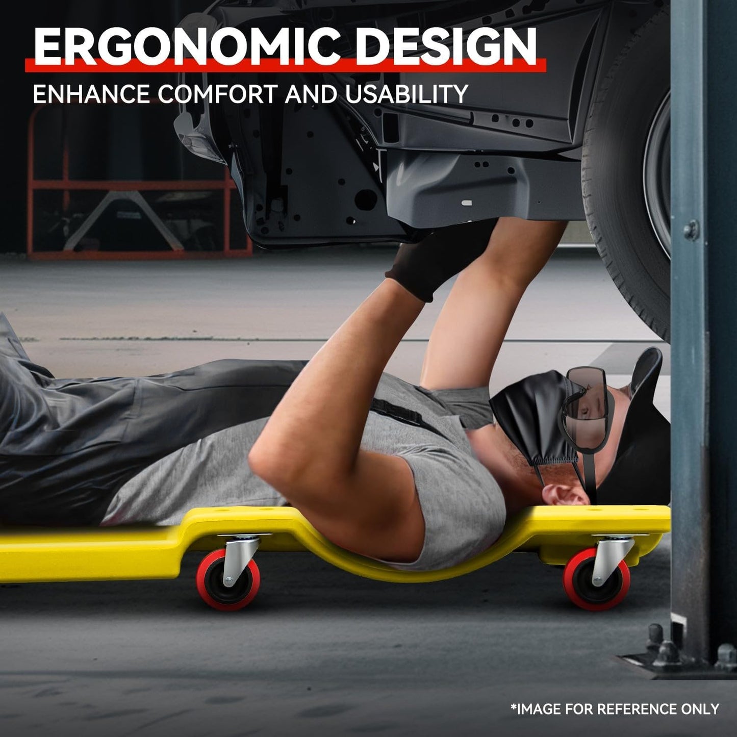 Auto Dynasty 36 Inches Mechanic Creeper, Automotive Garage Repair Low Profile Under Car Rolling Creeper with Padded Headrest, Plastic, Yellow