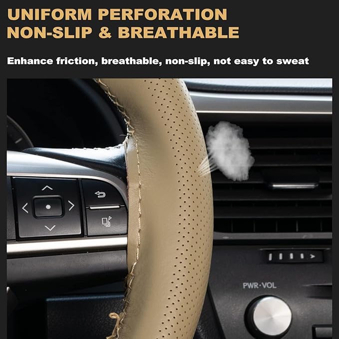 AUTOXBERT 38cm/15 Inch Genuine Leather DIY Steering Wheel Cover Soft Hand Sewing On Wrap Cover with Needles Thread fit for VW Ford Nissan Kia Vauxhall