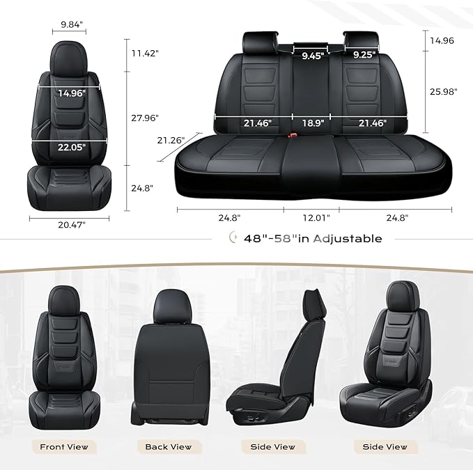 Coverado Car Seat Covers Full Set, Seat Covers for Cars, Front Seat Covers and Back Seat Cover Waterproof Leather Automotive Seat Cover, Universal Car Interior Protectors Cushion for Most Cars Black