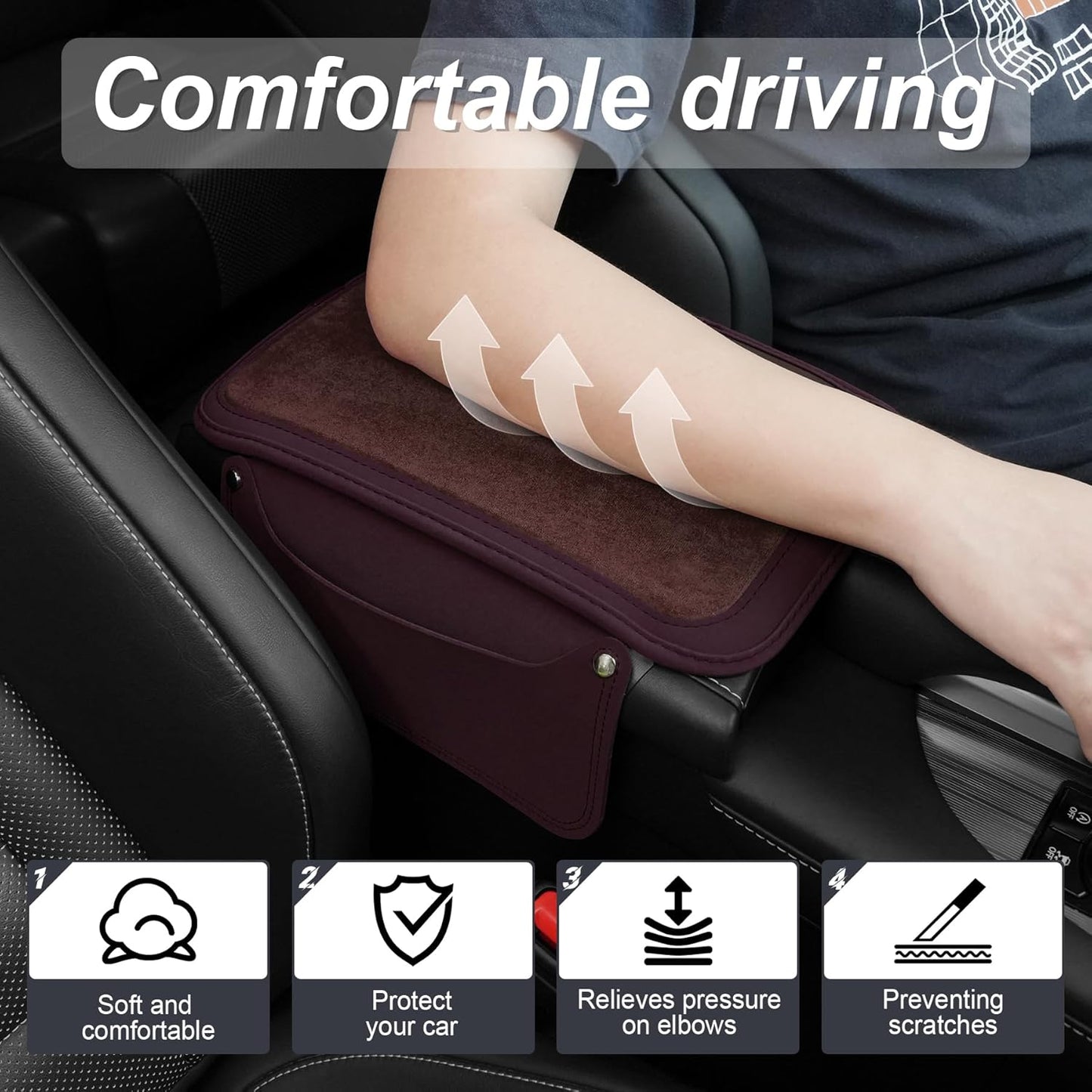 SINGARO Car Leather Center Console Cover with 2 Storage Bags, Universal Furry Fluffy Car Armrest Seat Box Pad, Comfortable Car Interior Accessories, Fits for Most Vehicles (Brown)