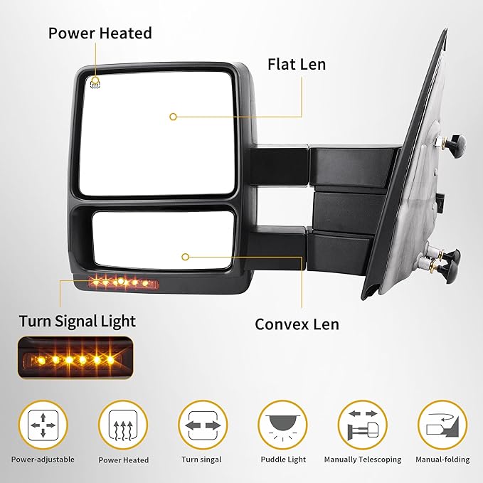 DWVO Towing Mirror Compatible with 2007-2014 Ford F150 Series Pickup Mirrors, Power Heated LED Signal Puddle Light Manual Telescoping (a Pair)