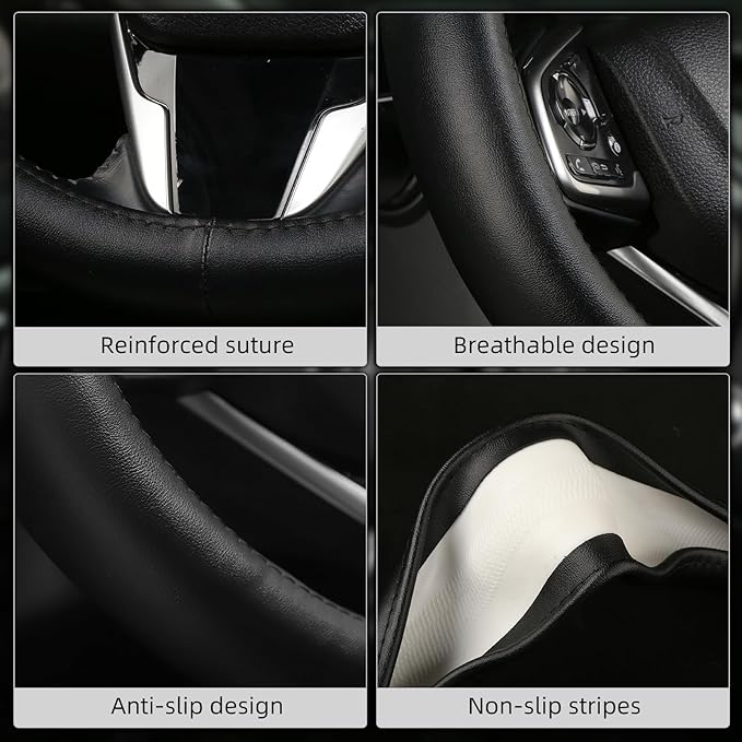 Leather Steering Wheel Cover, Anti-Slip, Safety, Soft, Breathable, Adaptable to 14.5-15 inches Steering Wheel Fit SUV Jeep Van Sedan, Car Steering Wheel Protector for Women Men,Classic Black