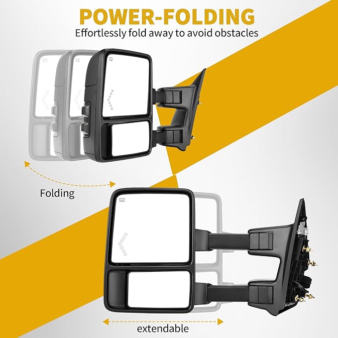 DWVO Towing Mirrors for Ford F-250 F-350 F-450 F-550 Super Duty 1999-2007 & Excursion 2001-2005 - LED Turn Signal, Heated, Telescoping, Power Adjustable, Black