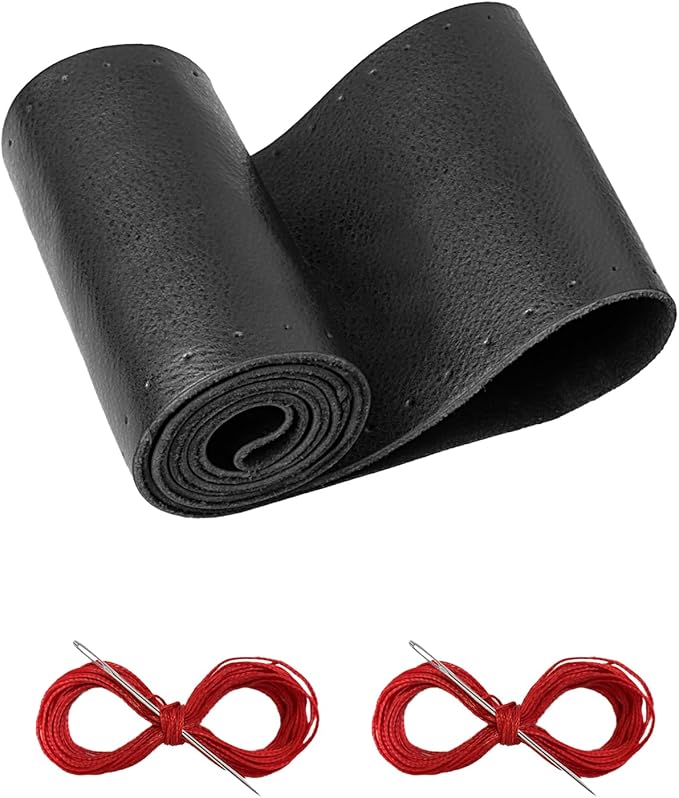 BELINOUS Leather Steering Wheel Cover Lace Up, Stitch On Wrap, Universal Fit 13-20 inch Car Truck SUV Pickup Boat, A Whole Piece of Cowhide, DIY Stitch w/Needle Thread (Size L6, Black and Red)