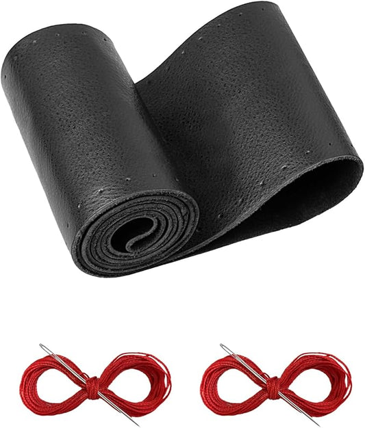 BELINOUS Leather Steering Wheel Cover Lace Up, Stitch On Wrap, Universal Fit 13-20 inch Car Truck SUV Pickup Boat, A Whole Piece of Cowhide, DIY Stitch w/Needle Thread (Size L6, Black and Red)