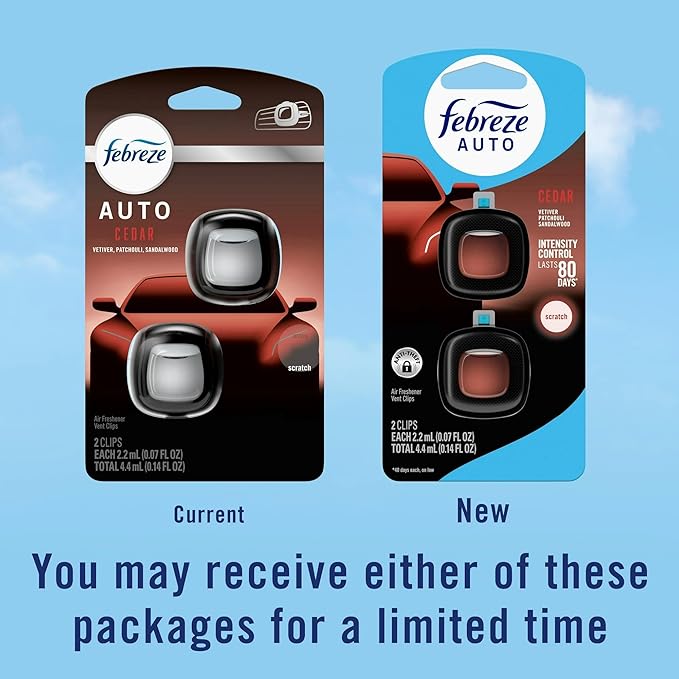 Febreze AUTO Air Freshener Vent Clip Ember, 07 oz. Car Vent Clip, Pack of 2 (CEDAR)