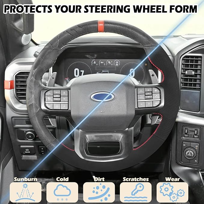 Microfiber Leather Hand Sewn Steering Wheel Cover Compatible with Ford F-150 XL/XLT/Limited 2021 2022 DIY Steering Wheel Protector On Wrap