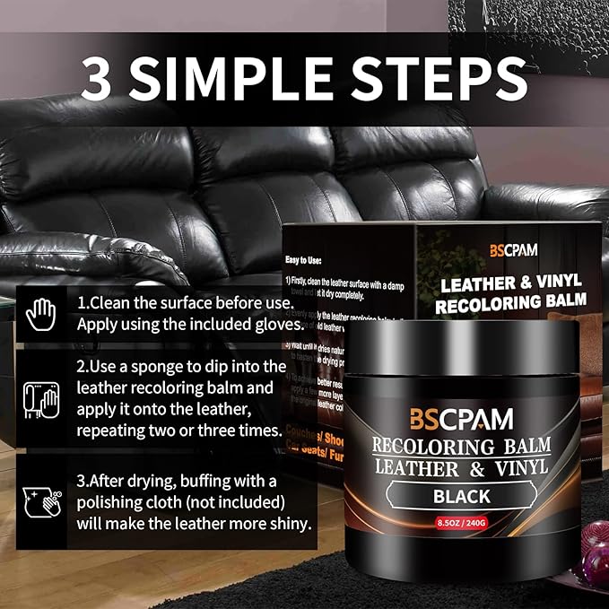 Black Leather Recoloring Balm,Leather Couch Scratch/Stain Remover,Leather Repair kit for Vinyl Furniture and Car Interior,Leather Dye Paint for Scratched and Faded Leather Couches