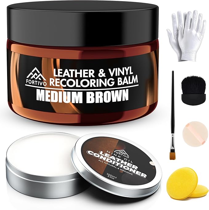 FORTIVO Leather Recoloring Balm with Mink Oil, Couch Repair Kit, Leather Dye and Restorer for Furniture