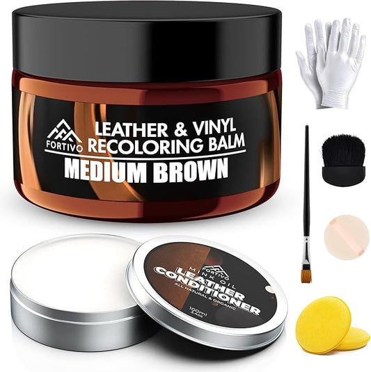 FORTIVO Leather Recoloring Balm with Mink Oil, Couch Repair Kit, Leather Dye and Restorer for Furniture