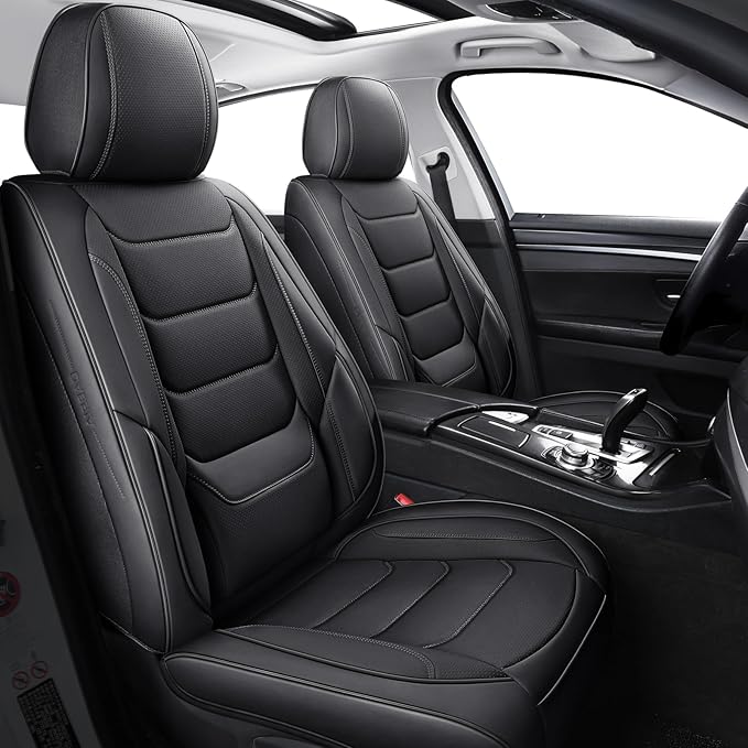 Leather Car Seat Covers Waterproof Front Seat Covers Breathable Seat Protectors Universal Fit for Most Automotive Cars SUV Van Trucks (Black,Front Pair)
