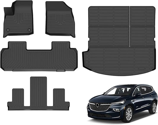 Floor Mats & Cargo Liner for Buick Enclave 2018-2024 All Weather Automotive TPE Set Anti-Slip Waterproof Floor Liners Accessories Black