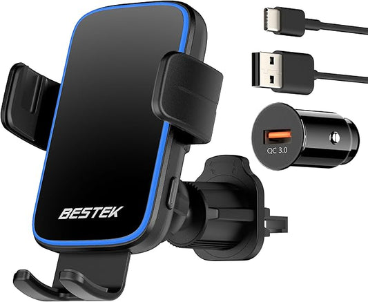 Wireless Car Charger, BESTEK 15W Fast Charging Auto Clamping Car Phone Holder with QC3.0 Car Charger, Air Vent Car Phone Mount Compatible with iPhone 15/14/13/12/X/8 Series, Samsung, LG,Google